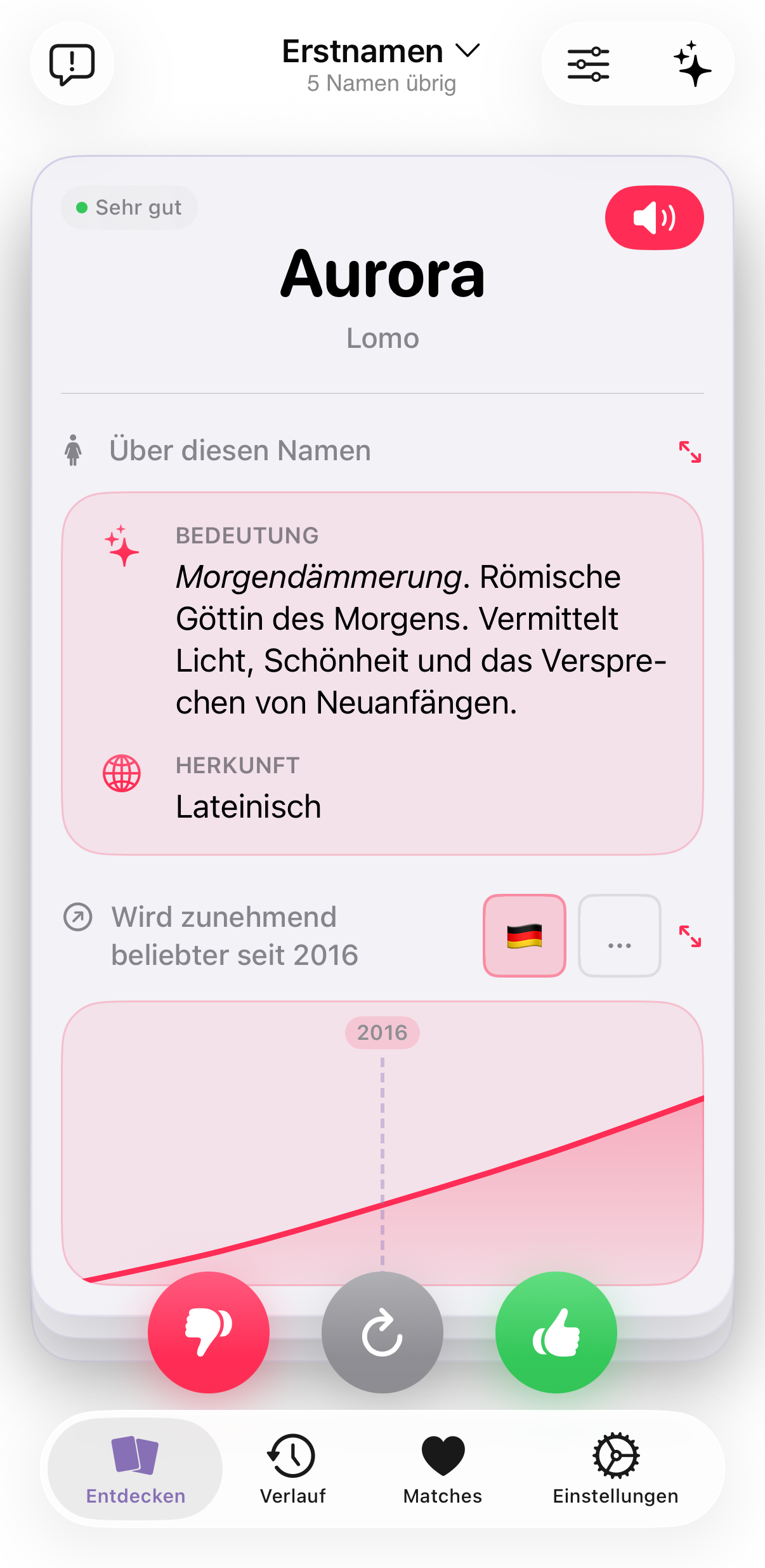 Die Onoma-Swipe-Interface mit einer Namenskarte, Bedeutung, Herkunft und Beliebtheitsdaten